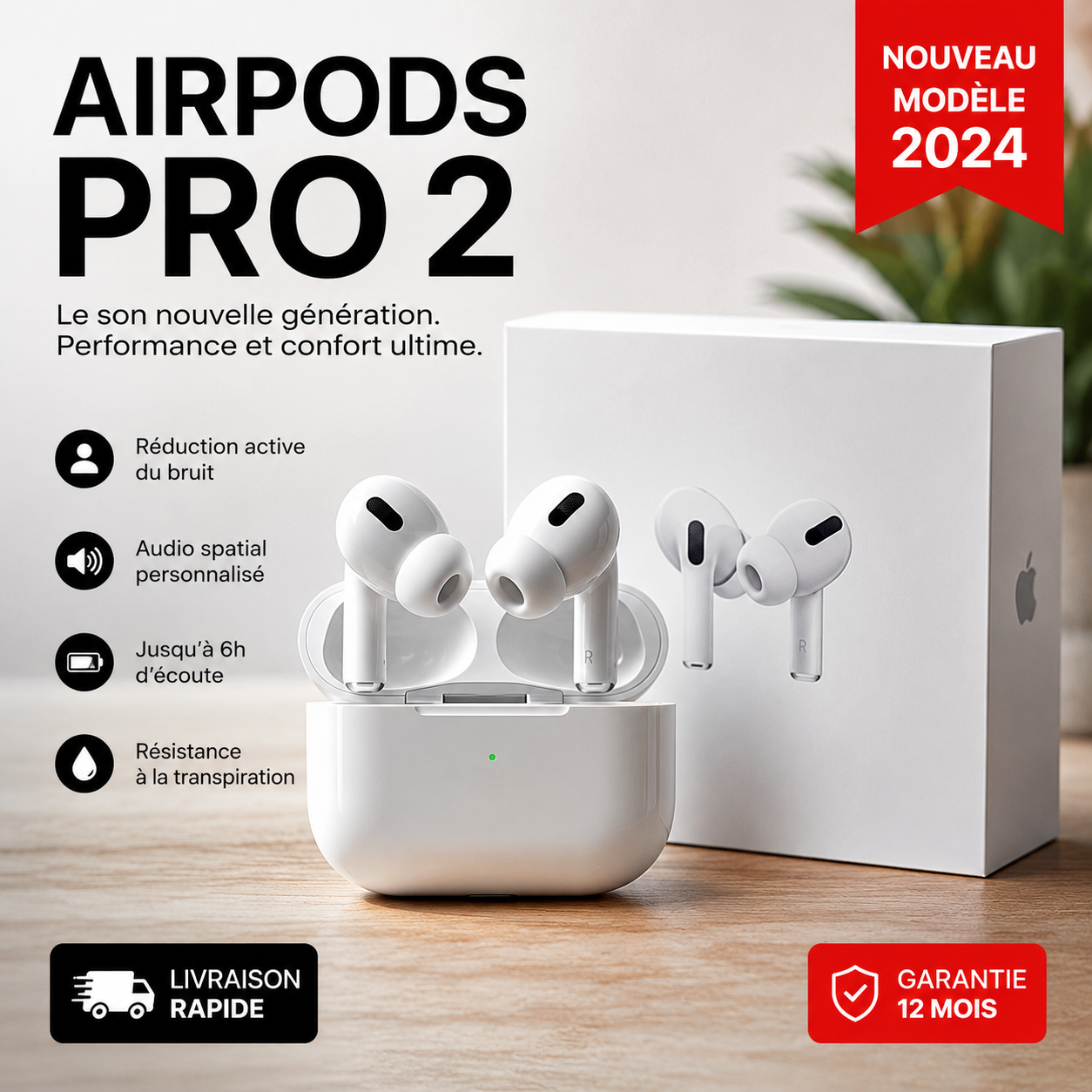 AirPods Pro 2 – Écouteurs Sans Fil Premium avec Réduction Active du Bruit